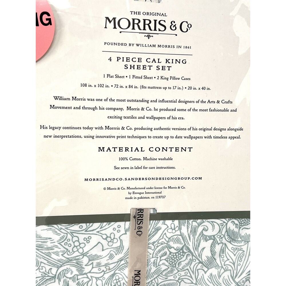 WILLIAM MORRIS & Co. CALIFORNIA CAL KING Sheet Set Floral Cotton - Picture 7 of 10